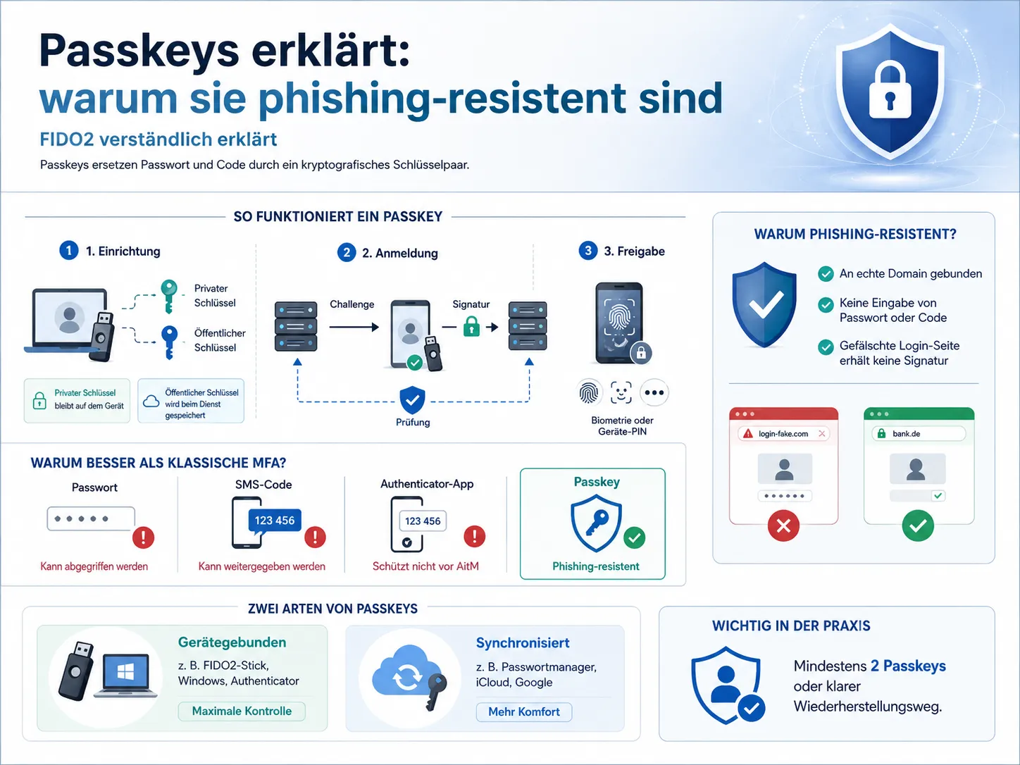 Infografik: Einrichtung, Anmeldung und Freigabe eines Passkeys, der Vergleich mit Passwort, SMS-Code und Authenticator-App sowie die beiden Bauformen gerätegebunden und synchronisiert